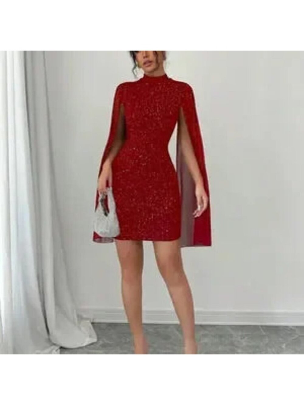 Red Party Women's Fitted Short Casual Mock Neck Flared Sleeve Bodycon Dress - Picture 3 of 5